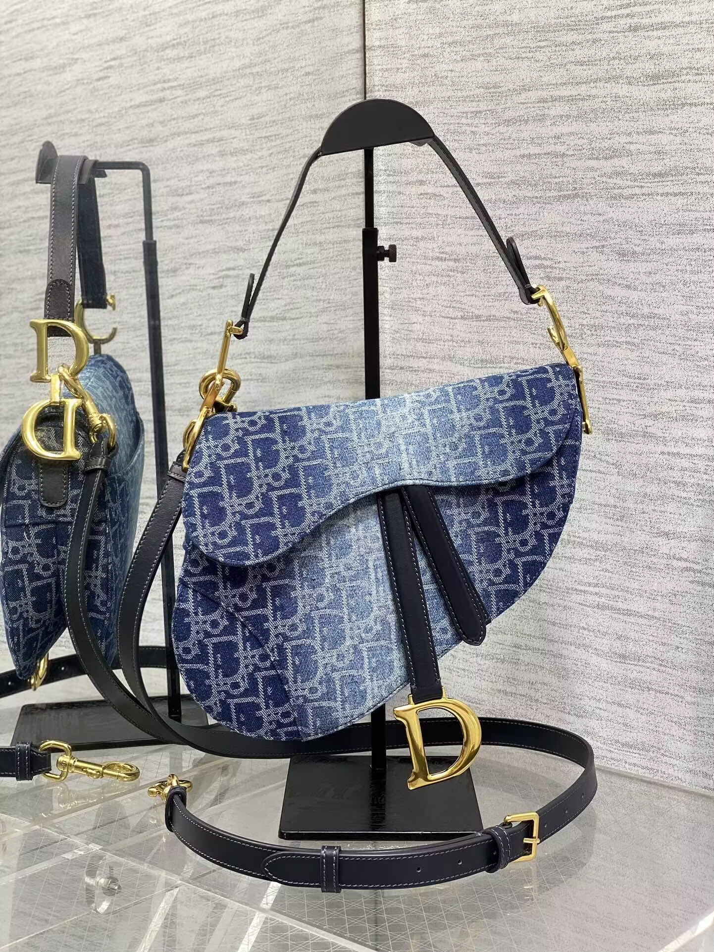 D*or saddle bag with strap  blue denim D*or oblique jacquard 25.5 x 20 x 6.5 cm