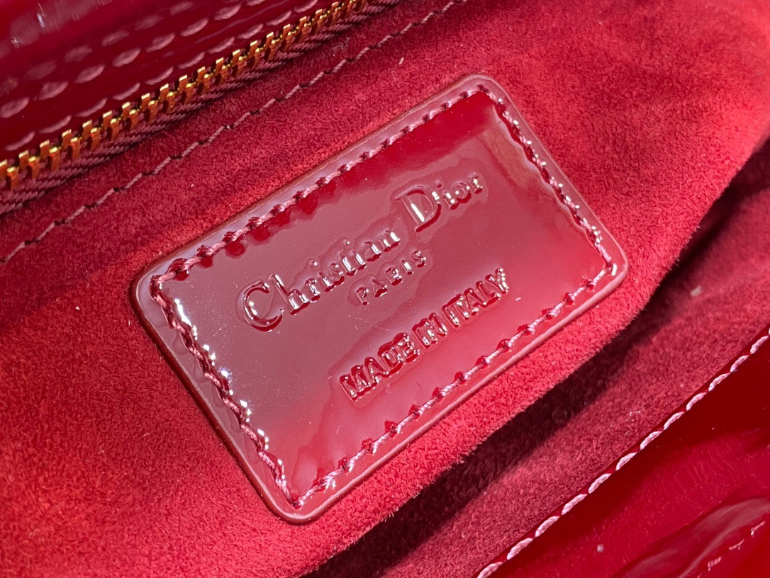 mini lady D*or bag  cherry red patent cannage calfskin 6.5 x 6 x 3 inches