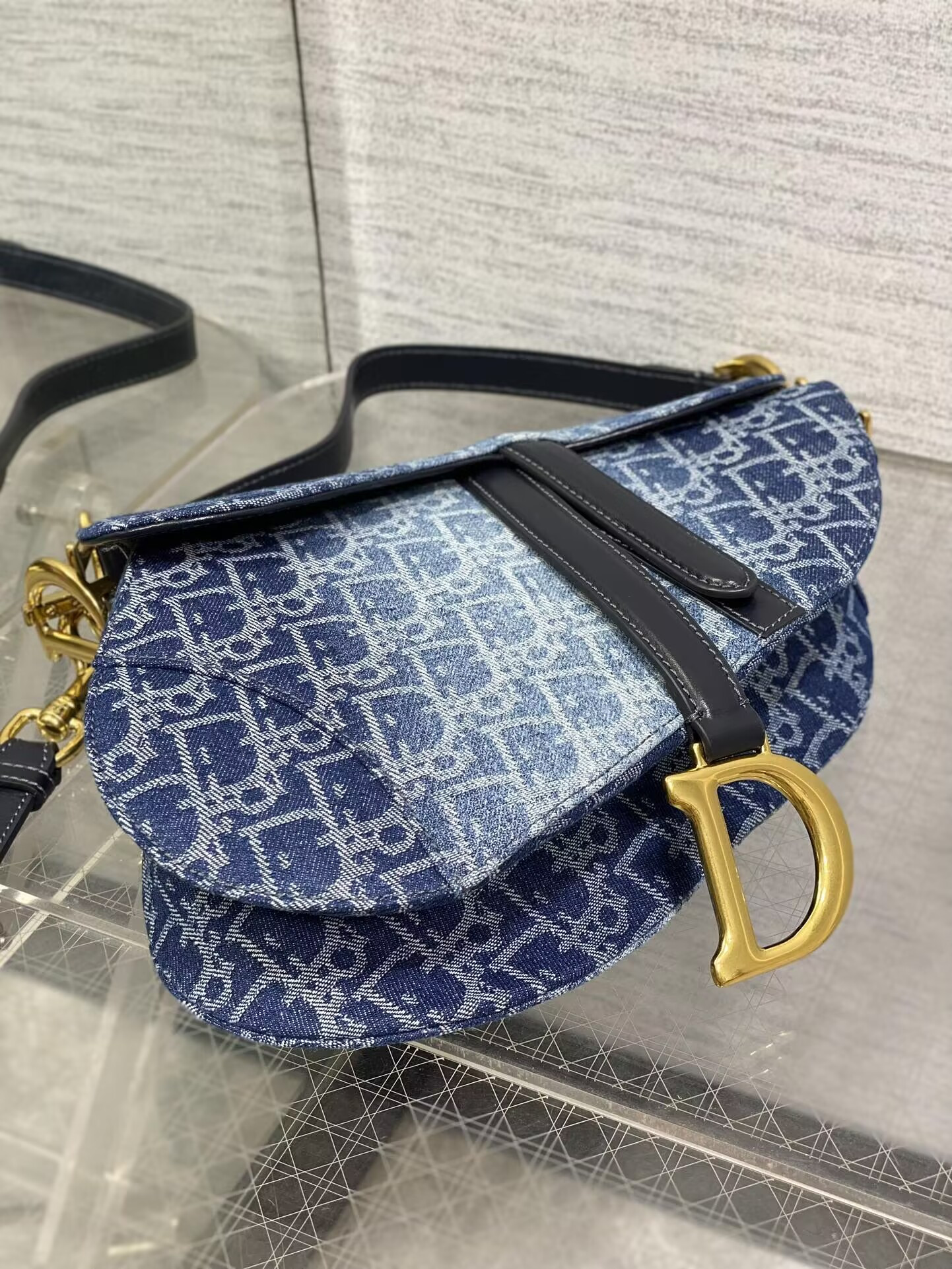 D*or saddle bag with strap  blue denim D*or oblique jacquard 25.5 x 20 x 6.5 cm