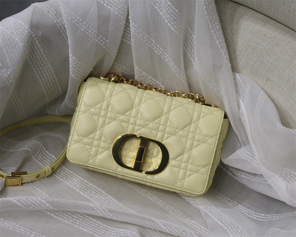 small d*or caro bag light yellow S*pple cannage calfskin 20 x 12 x 7 cm