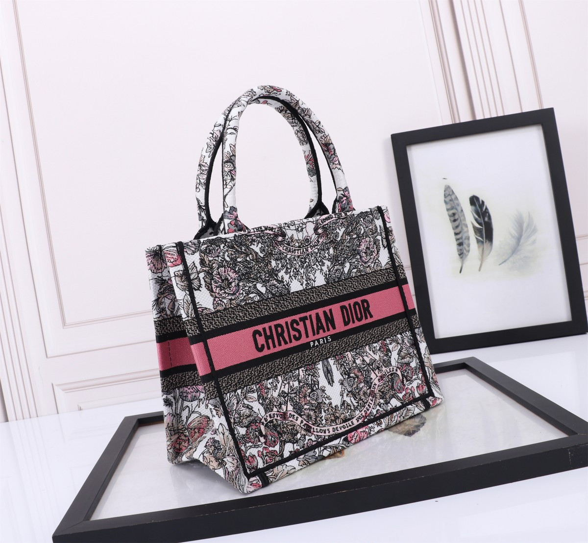 small D*or book tote white and pastel pink butterfly around the world embroidery 10.5 x 8.5 x 5.5 inches