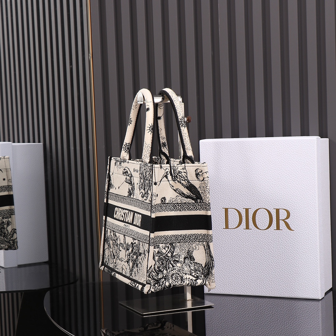 small D*or book tote latte and black toile de jouy zodiac embroidery 10.5 x 8.5 x 5.5 inches