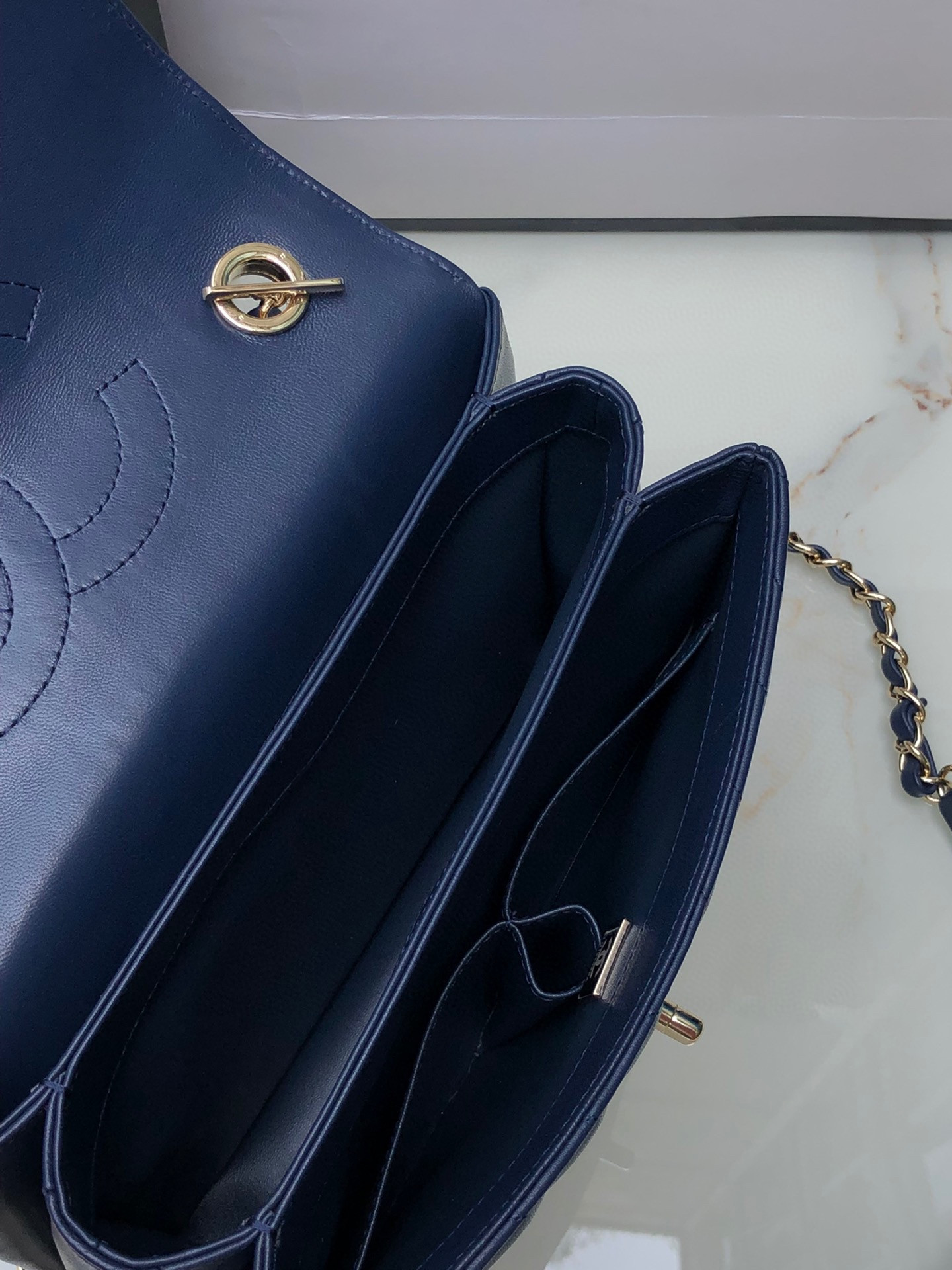 Ch*el flap bag with top handle navy 6.6 × 9.8 × 4.7 in