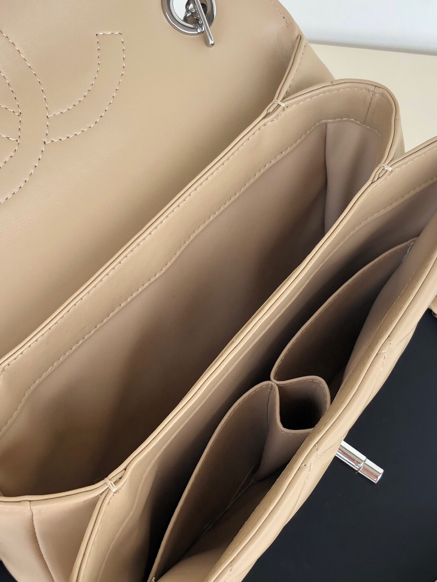 Ch*el flap bag with top handle 6.6 × 9.8 × 4.7 in