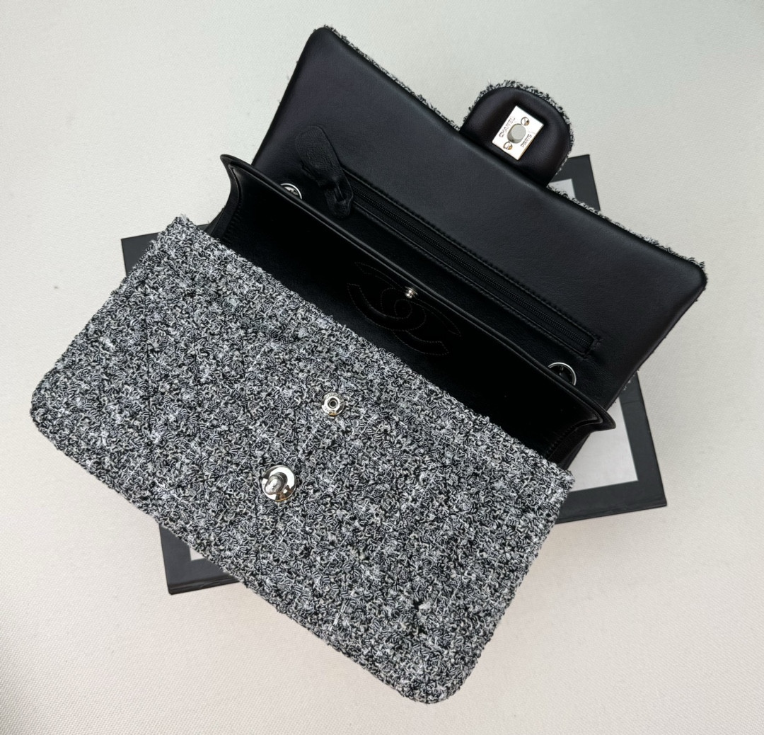 Ch*el classic 11.12 handbag tweed & silver-tone metal 6 × 9.9 × 2.5 in