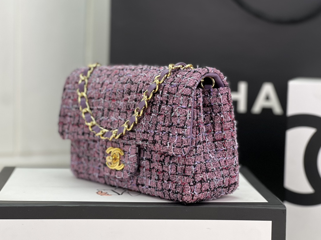 Ch*el mini classic 11.12 handbag tweed & gold-tone metal 4.7 × 7.8 × 2.3 in